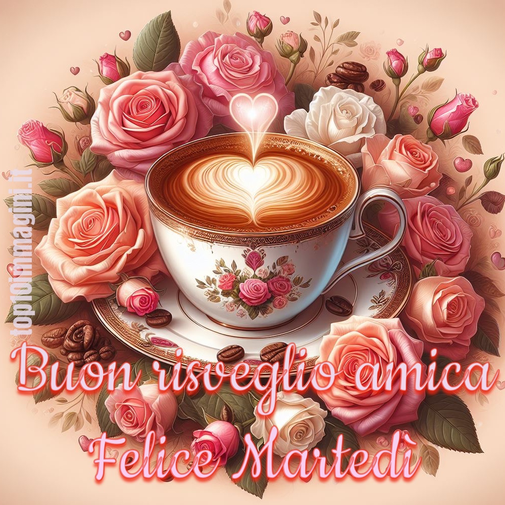 Immagine meravigliosa per augurare il buon Martedì ad un'amica che portiamo nel cuore, con il caffè e le rose.